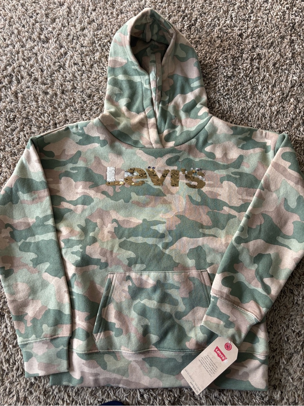 NWT‎ Levi’s Girls Large 12-13 Camo Hoodie Sequin Logo Sweatshirt